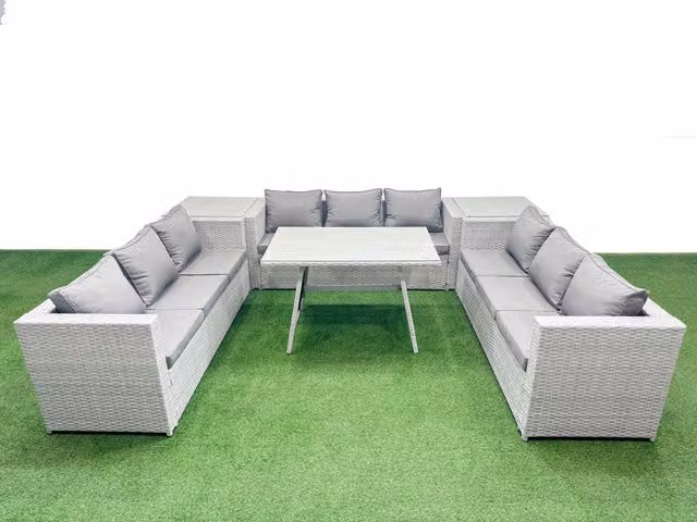 Fimous 9 Seat PE Rattan Garden Furniture Set with 2 Side Tables in Light Grey