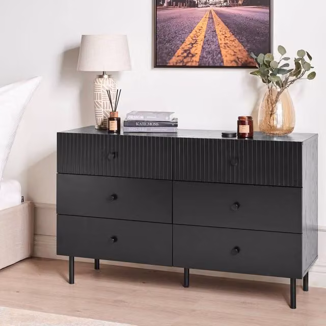 Wyld and Coco 6-Drawer Chest Black MDF, W/D/H: 120 x 41 x 75 cm – 1