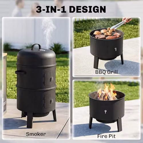 Outsunny 3-in-1 Vertical Charcoal Smoker with Thermometer and 2 Grill Grates, Black – 3
