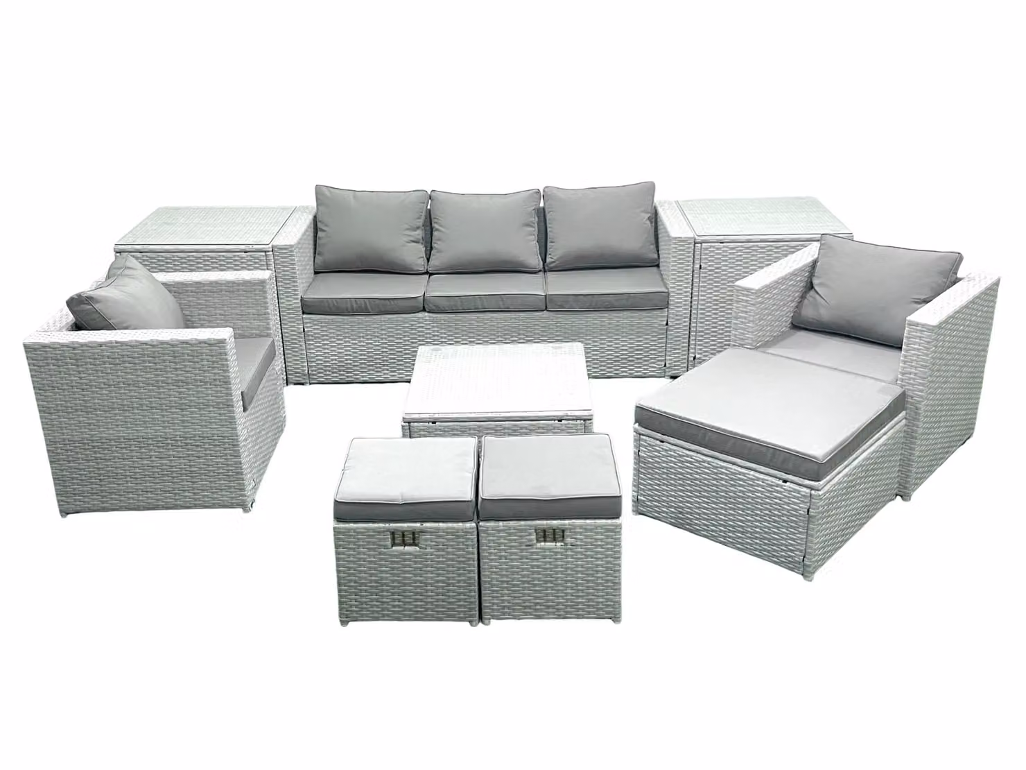 Fimous Rattan Garden Outdoor Furniture Set in Light Grey with 3-Seater Sofa, Coffee Table, Armchairs, Ottomans and Side Tables – 2