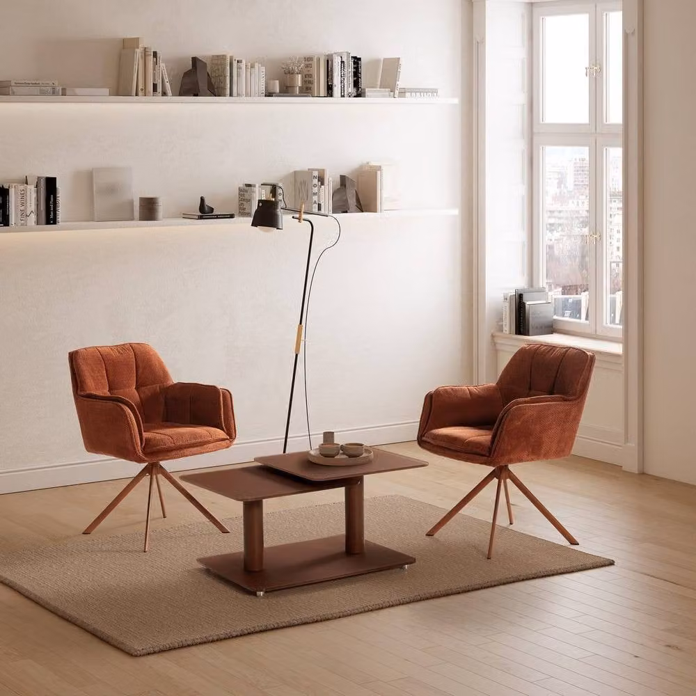CALICOSY KAYA Swivel Coffee Table with Square Glass Tops in Terracotta and Brown – 1