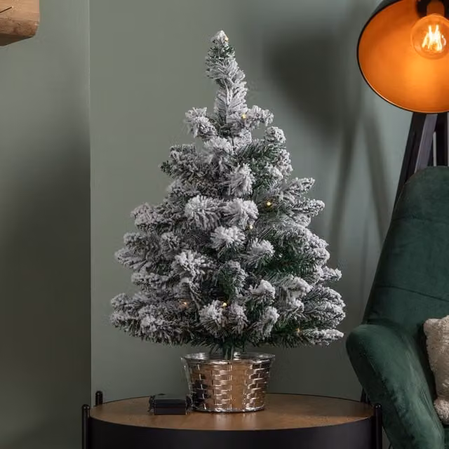 Samuel Alexander Snow Flocked Mini Christmas Tree with Warm White LEDs in a Silver Pot, Green, Height: 60 cm – 1