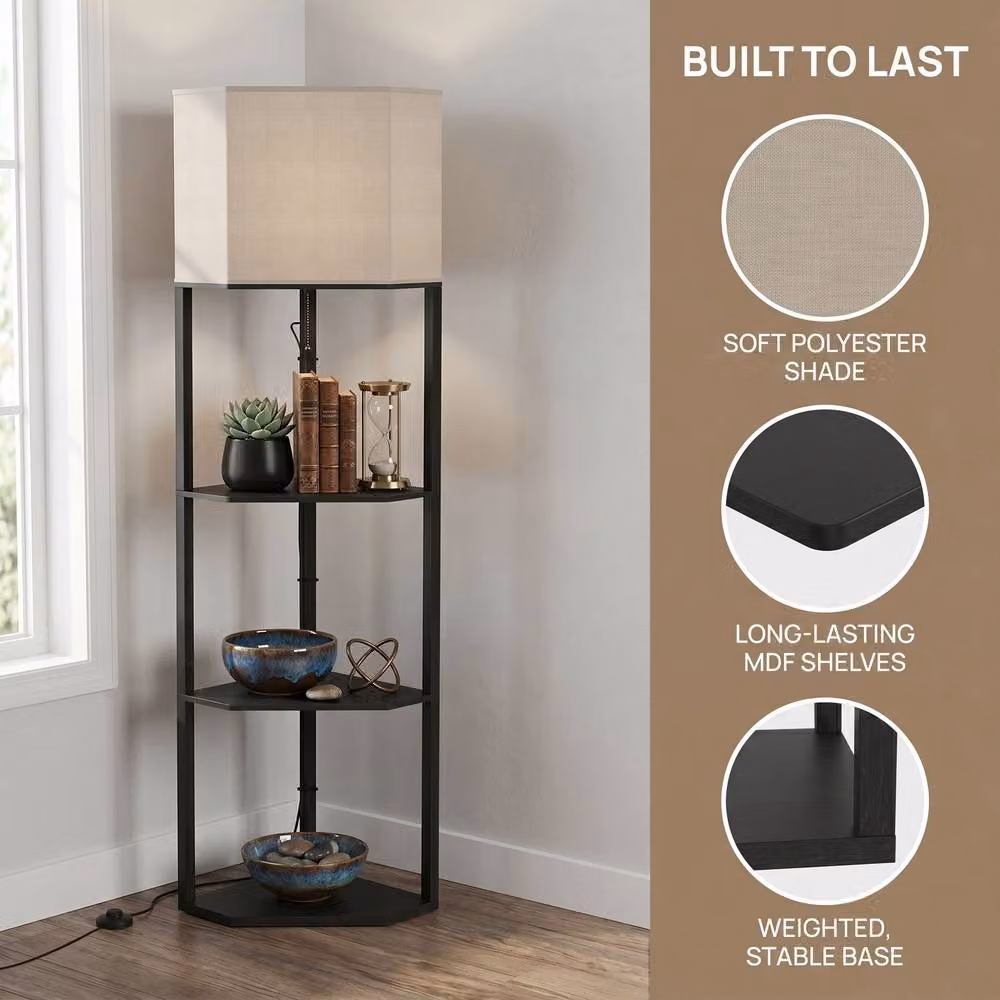 HOMCOM Modern Black Corner Floor Lamp with Shelves, Dimmable Standing Lamp with Remote Control and Timer – 4