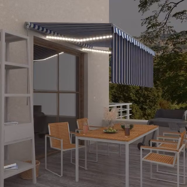 Berkfield Home Manual Retractable Awning with Blind and LED, Blue and White Striped, W: 350 cm, D: 250 cm, H: 250 cm