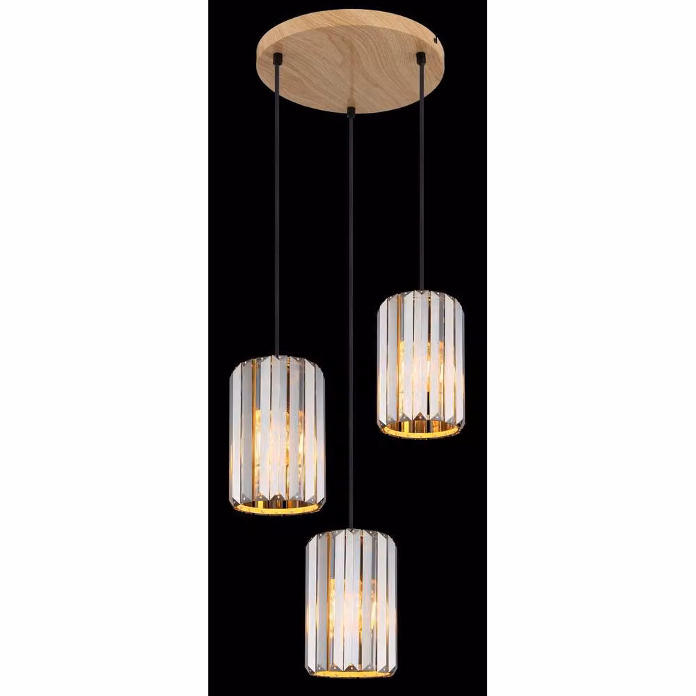Netlighting Run Cluster Pendant Light with K5 Smoke Crystals in Brown and Wood Look, 3x E27, Diameter: 35 cm, Height: 120 cm – 7