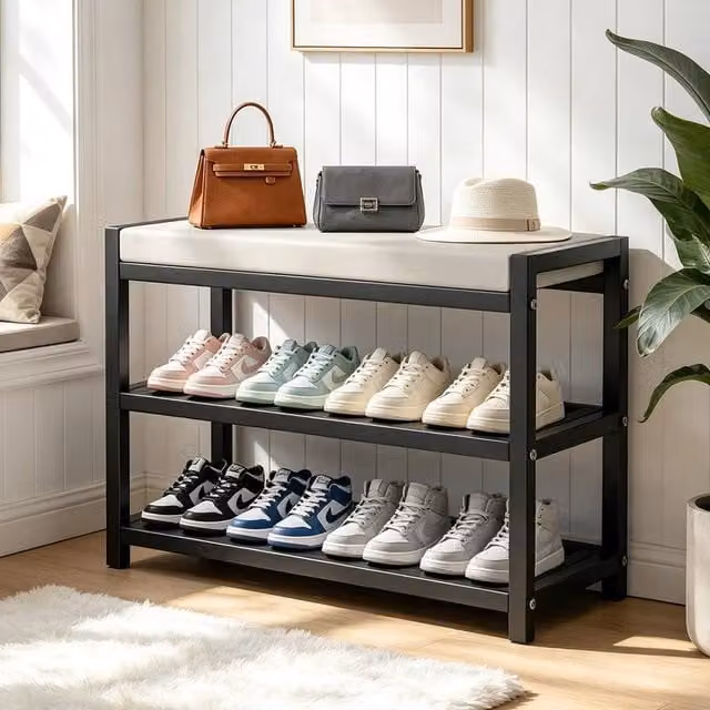 KORVIXA Modern Black Shoe Bench and Storage Rack with PU Leather Seat, W: 90 cm – 1