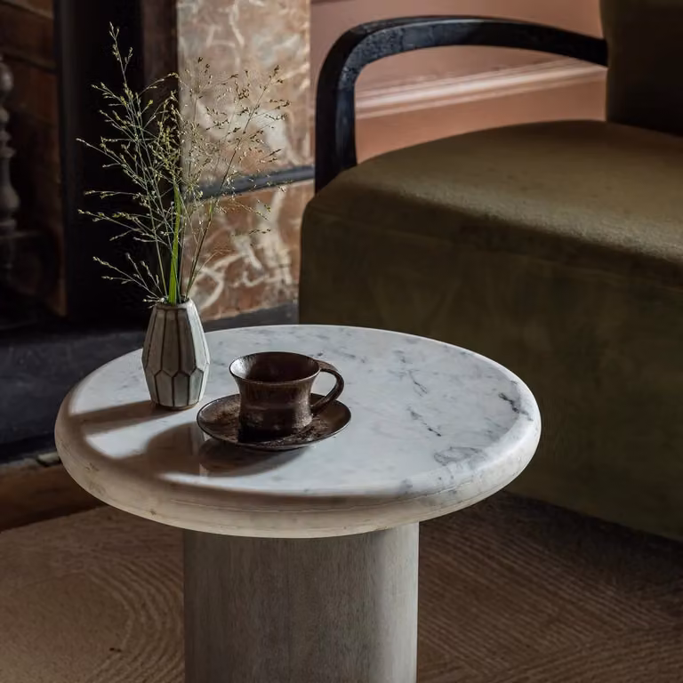 Atkin & Thyme Column Marble Side Table in White and Grey
