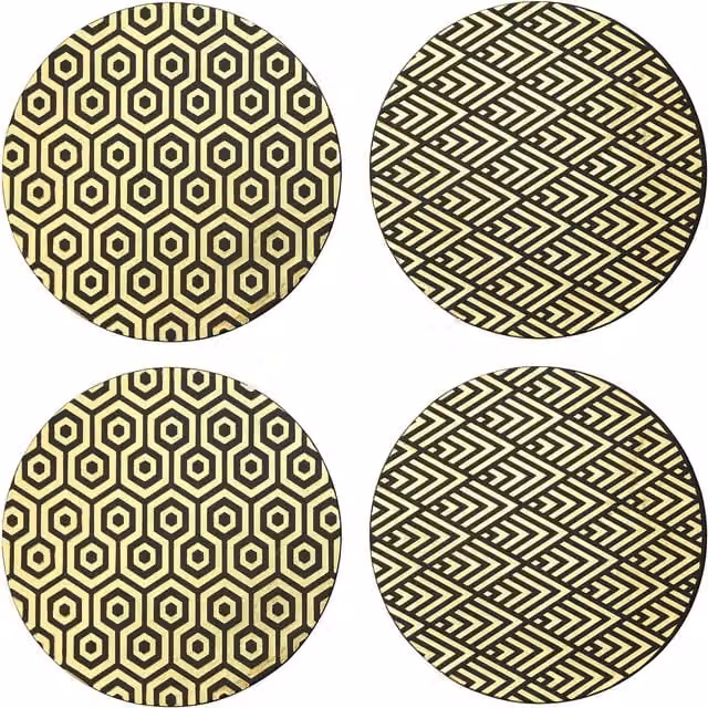 Maison by Premier Set of 4 Round Art Deco Faux Leather Placemats in Black and Gold