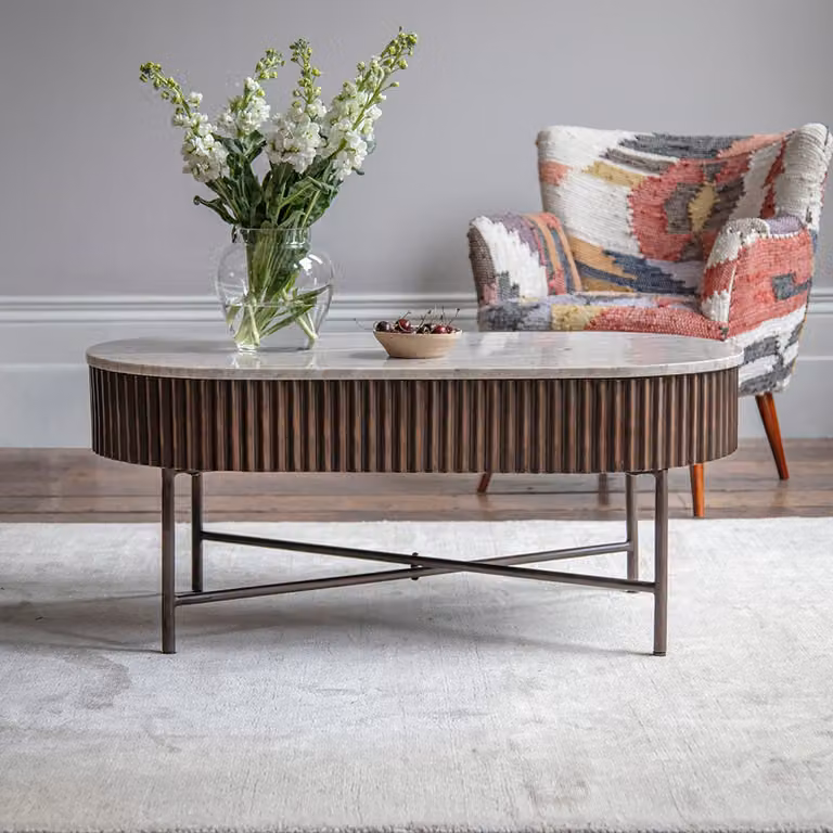 Atkin & Thyme Monza Oval Marble and Metal Coffee Table in Brown and White