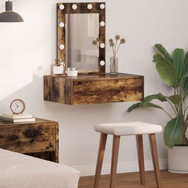 Berkfield Home Wall Hanging Dressing Table with Hollywood LED Lights in Smoked Oak Brown, W/D/H: 70 x 40 x 60 cm