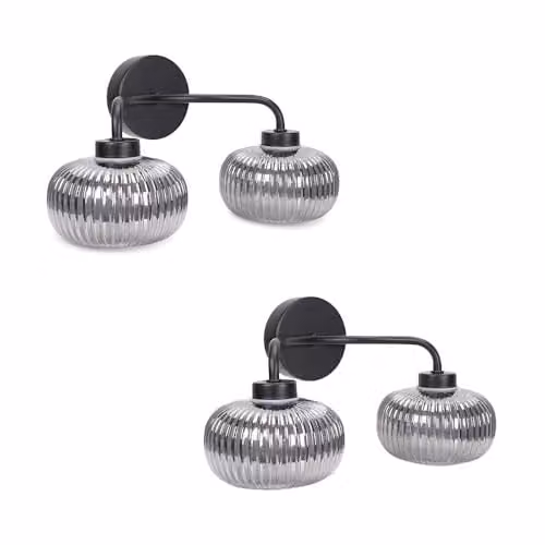ValueLights Amaia Pair of Matte Black IP44 Rated 2 Way Up and Down Wall Lights with Smoked Grey Ribbed Glass Shades – 1