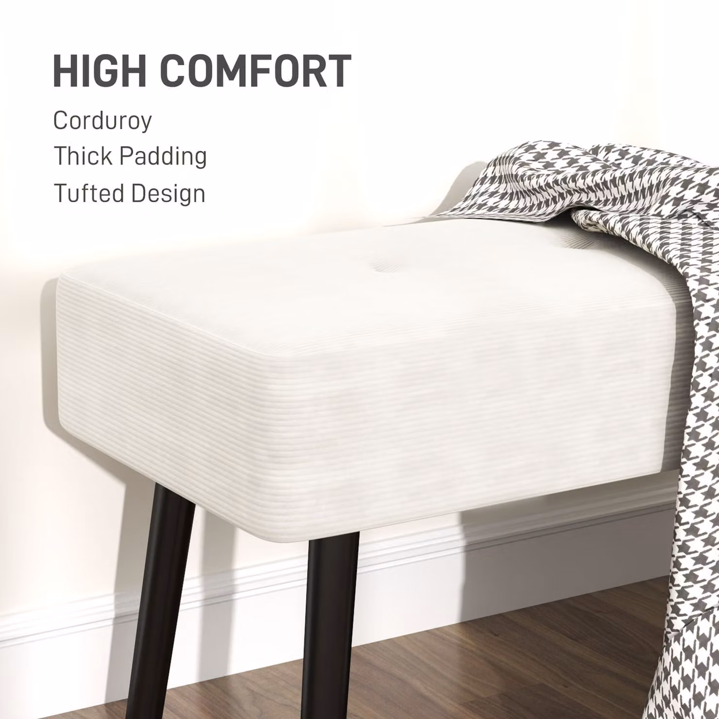 HOMCOM Corduroy End of Bed Bench with Thick Padding and Metal Legs in Cream White – 3
