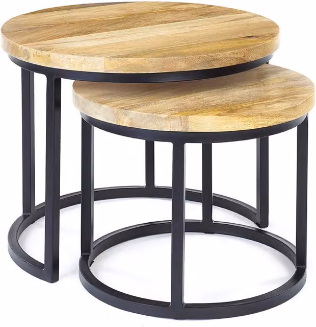 Elm Home And Garden Round Nest of Two Mango Wood and Metal Tables in Brown