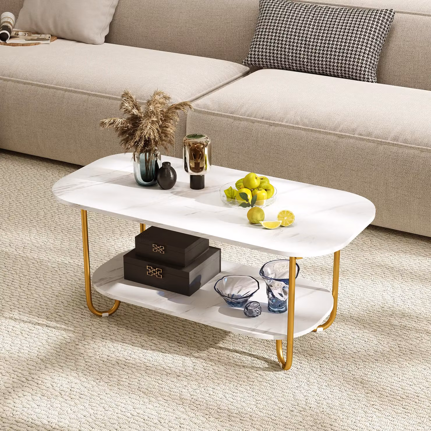 Costway Modern 2-Tier Faux Marble Top Coffee Table in White and Gold – 3