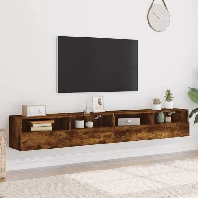 Berkfield Home Set of 2 Smoked Oak TV Wall Cabinets in Brown, W/D/H: 100 x 30 x 30 cm – 1
