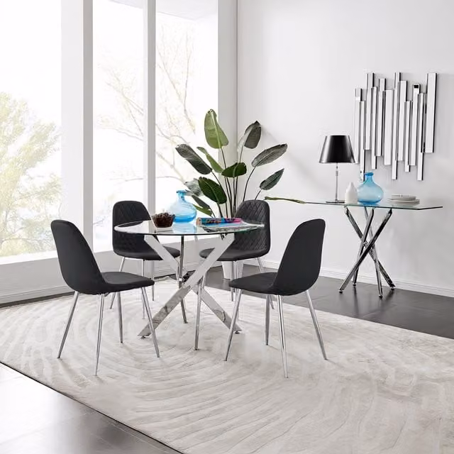 FurnitureboxUK Novara Round Glass Dining Table with 4 Corona Silver Leg Chairs in Black and Silver