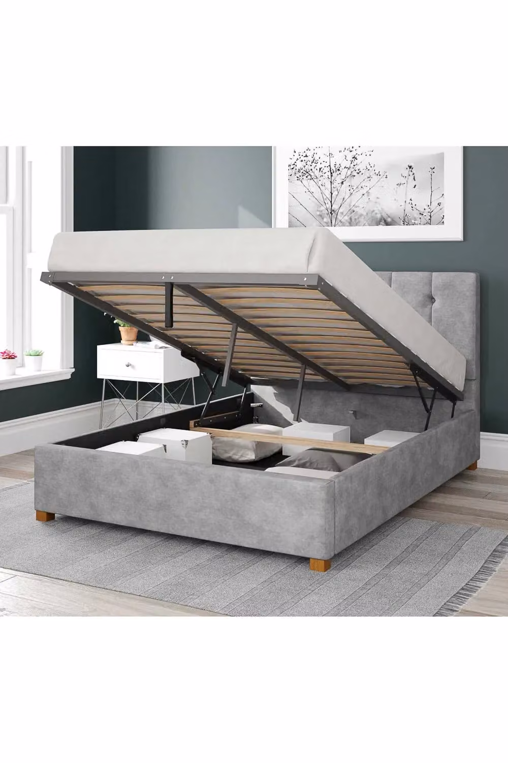 Aspire Hepburn Upholstered Ottoman Storage Bed in Silver Grey Linen Fabric, W/D/H: 140 x 200 cm – 2
