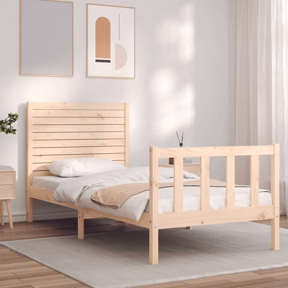 Berkfield Home Single Solid Pine Wood Bed Frame with Headboard in Beige – 2
