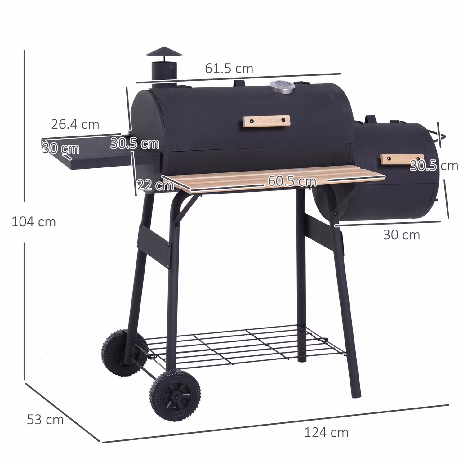Outsunny Charcoal Barbecue Grill and Offset Smoker Combo with Wheels and Thermometer, Black, W/D/H: 124 x 53 x 104 cm – 3