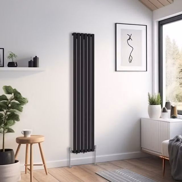 Right Radiators Oval Single Panel Vertical Radiator in Black, Height: 160 cm, Width: 35.4 cm