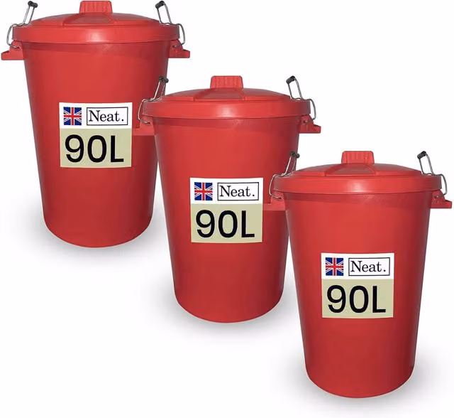 Neat. 90L Heavy Duty Plastic Kitchen Dustbin with Lid and Metal Handle, Red