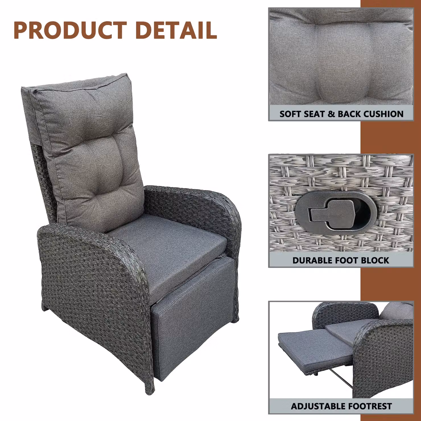 FURNITURE ONE 3 Piece Grey Patio Lounge Chair Set with Ice Bucket and Outdoor Coffee Table – 3
