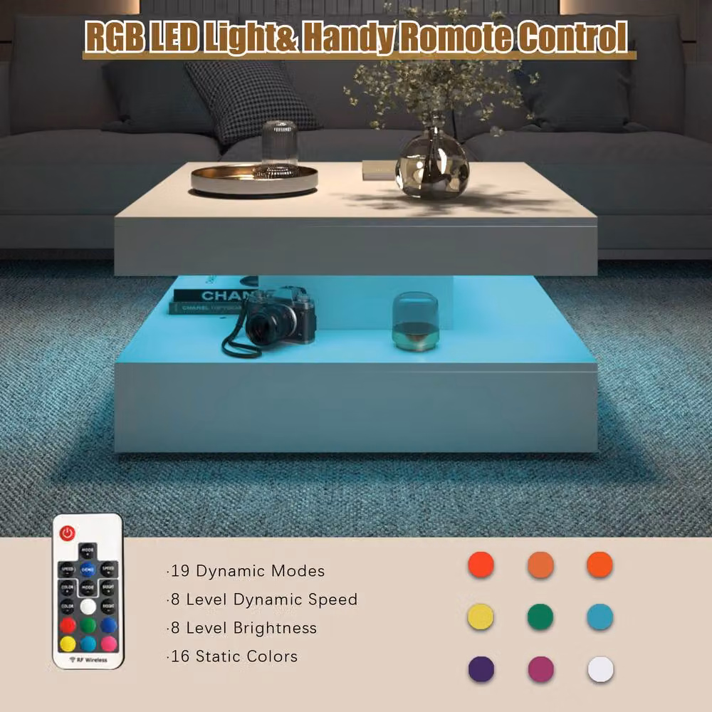 KEEPREAPER Modern LED Coffee Table with 2 Storage Drawers in White – 5