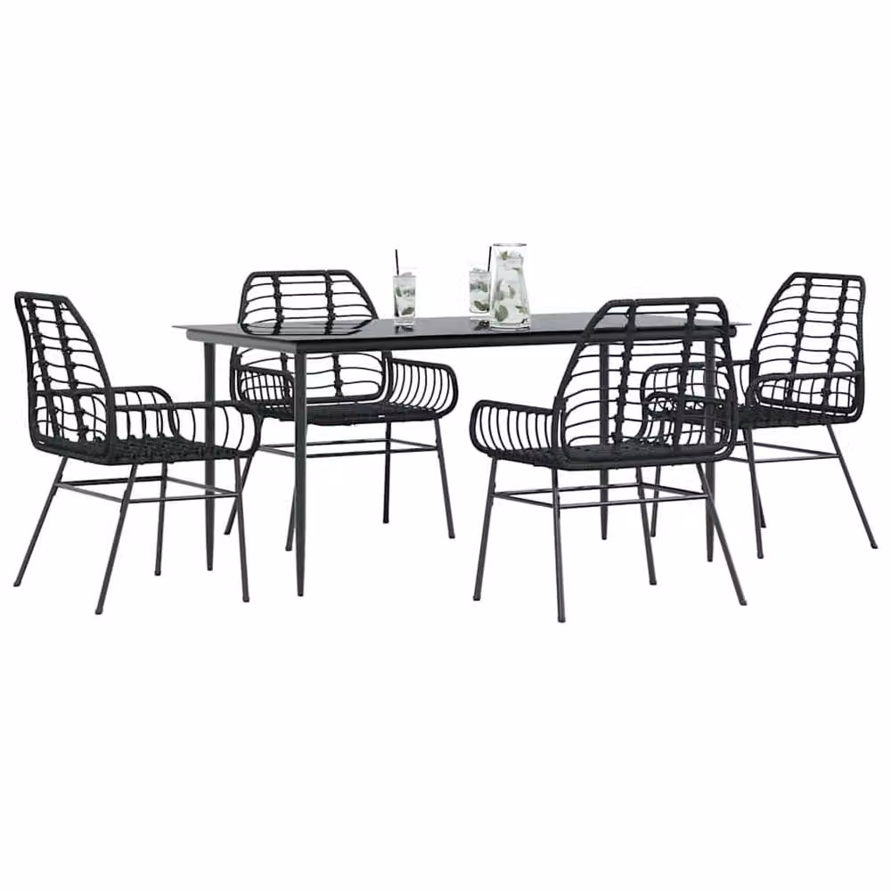 Berkfield Home Beautiful 5 Piece Black Poly Rattan Garden Dining Set with Glass Top – 2