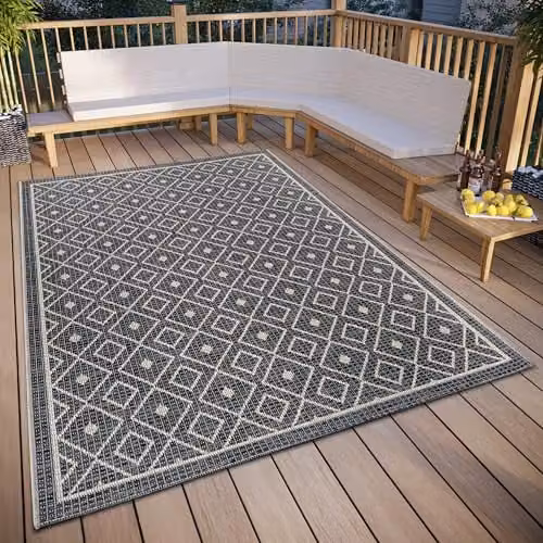 Hanse Home Lahal Modern Geometric Diamond Pattern Outdoor Rug in Grey and Beige, W: 155 cm, L: 235 cm