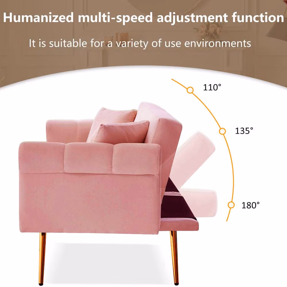 Merax Two Seater Velvet Sofa Bed in Pink with Adjustable Headrest and Scatter Cushions, W/D/H: 177 x 74 x 71 cm – 2