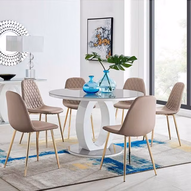 FurnitureboxUK Giovani Round Dining Set with 120cm Grey Glass Table and 6 Corona Gold Chairs in Cappuccino