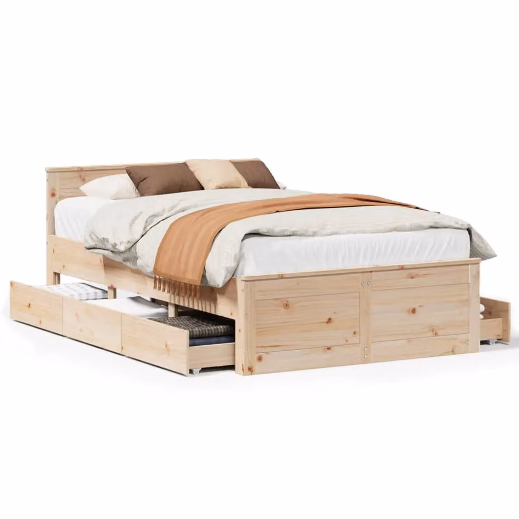 Berkfield Home Double Bed Frame with Headboard in Brown Solid Pine Wood, W: 135 cm, L: 190 cm – 2
