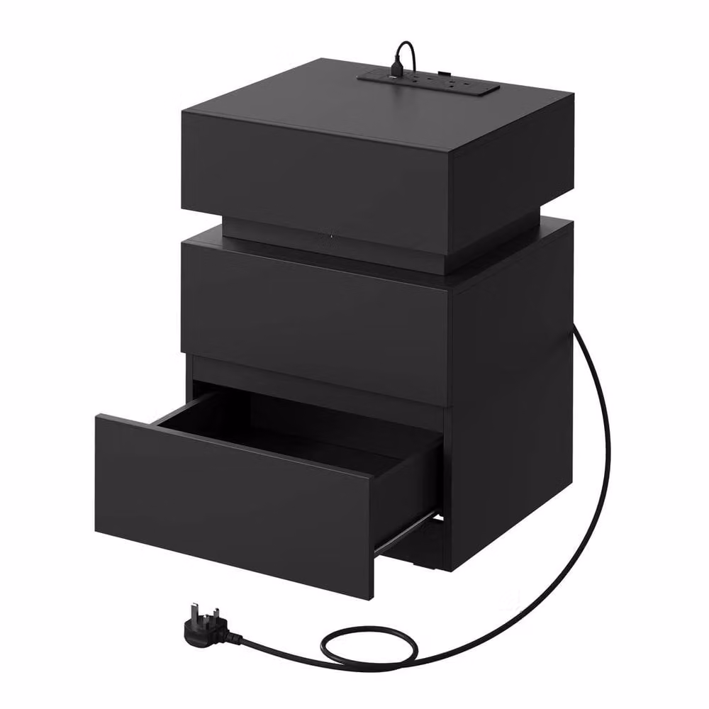 FORGEVIO Modern Black Bedside Table Nightstand with 2 Drawers and Integrated Charging Station – 4