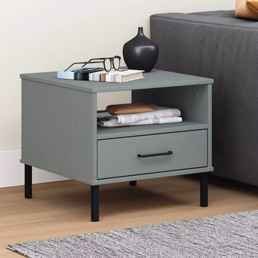 Berkfield Home Oslo Bedside Table in Grey Solid Pine Wood with Metal Legs – 2