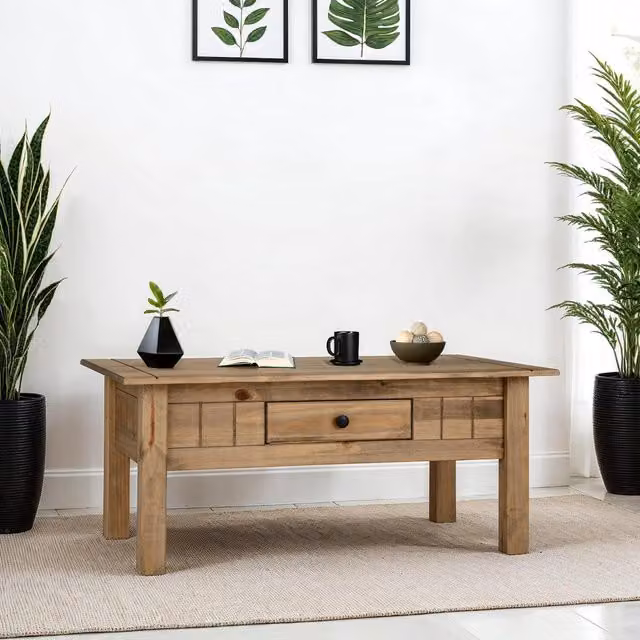 Seconique Panama Rectangular Coffee Table with 1 Drawer in Natural Waxed Pine Brown