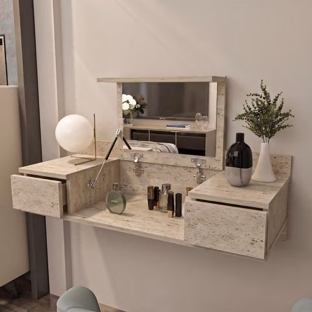 Decorotika Zenn Modern Make-up Table with Wall Mountable Design in Beige and Yellow Travertine Style