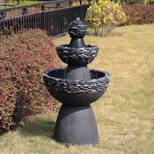 Teamson Home 3-Tier Pedestal Outdoor Water Feature Cascade Fountain in Grey Stone Finish – 2