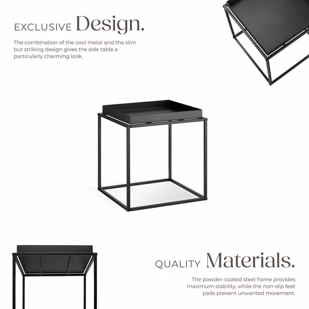 tectake Cambridge Bedside Table with Tray-Shaped Shelf, Black, W/D/H: 40 x 40 x 44 cm – 3