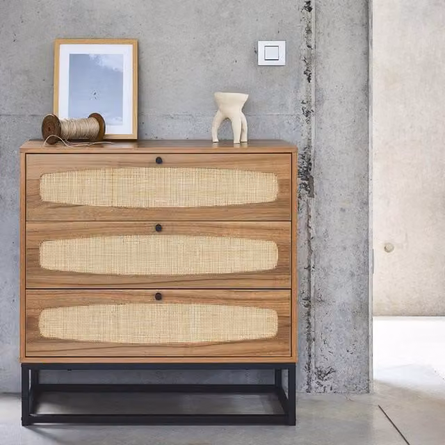 sweeek 3-Drawer Chest with Wood and Cane Effect in Light Brown, W/D/H: 80 x 40 x 80 cm