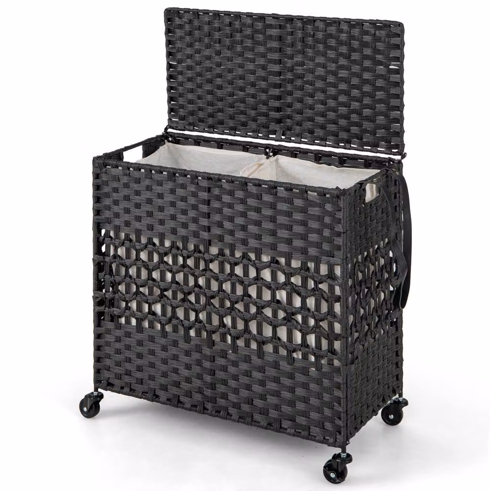 Costway 110L 2-Section Laundry Hamper with Lid and Wheels in Black – 2