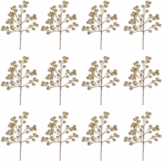 Shatchi Gold Artificial Champagne Glitter Berry Picks, 6 Pack, Height: 45 cm – 1
