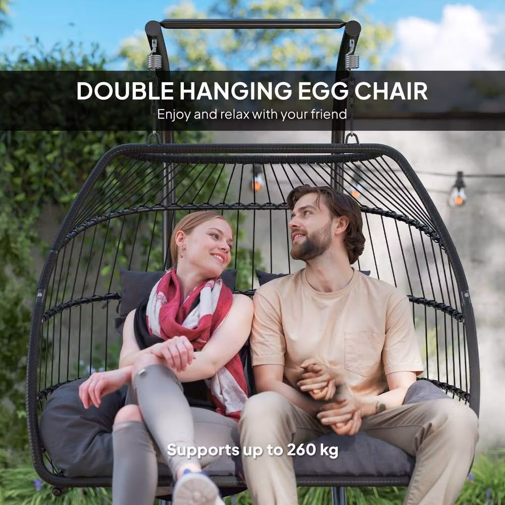 ERGOVEXA Rattan Double Hanging Egg Chair with Stand in Dark Grey – 5