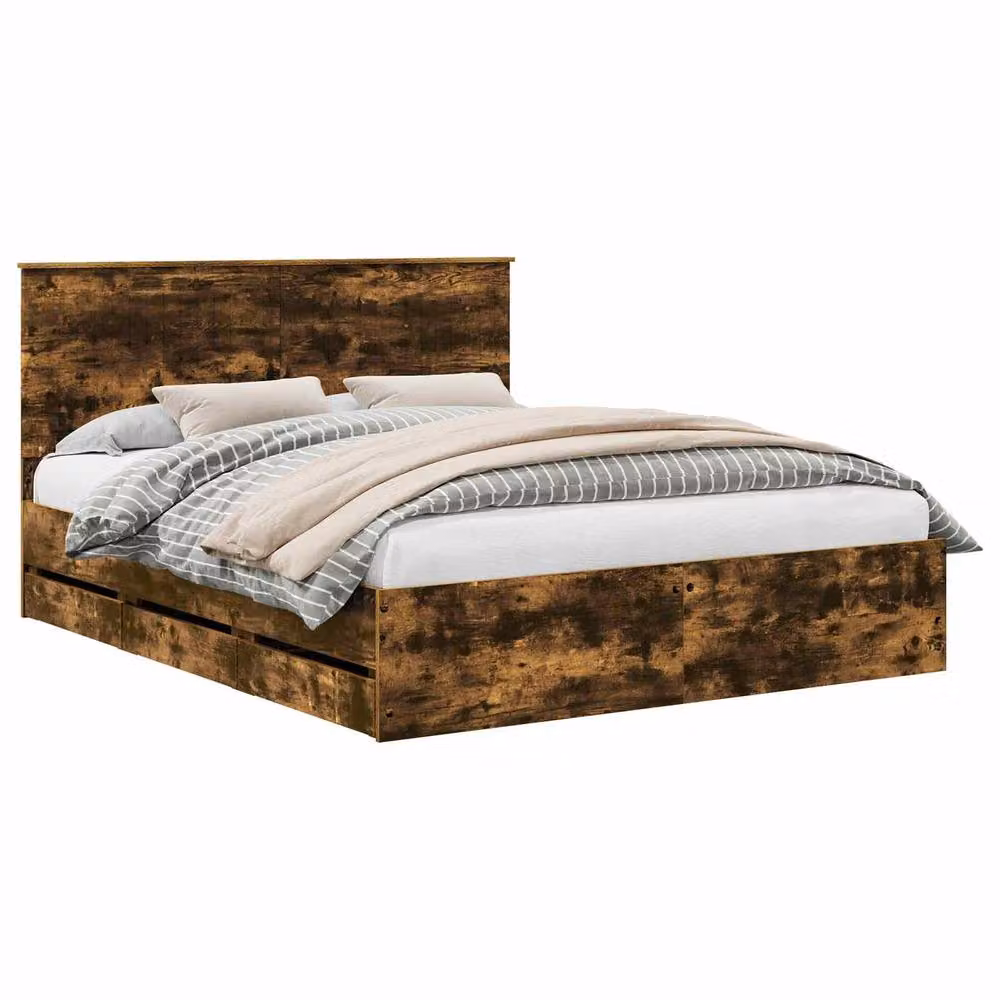 Berkfield Home Modern Bed Frame in Smoked Oak and Brown Wood with Drawers, W/D/H: 120 x 200 cm – 2
