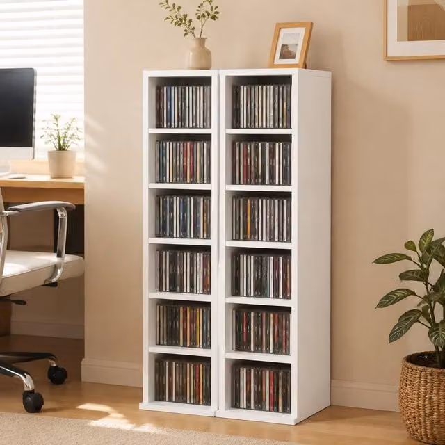 STILVORA Set of 2 White Modern CD Storage Units with Adjustable Shelves