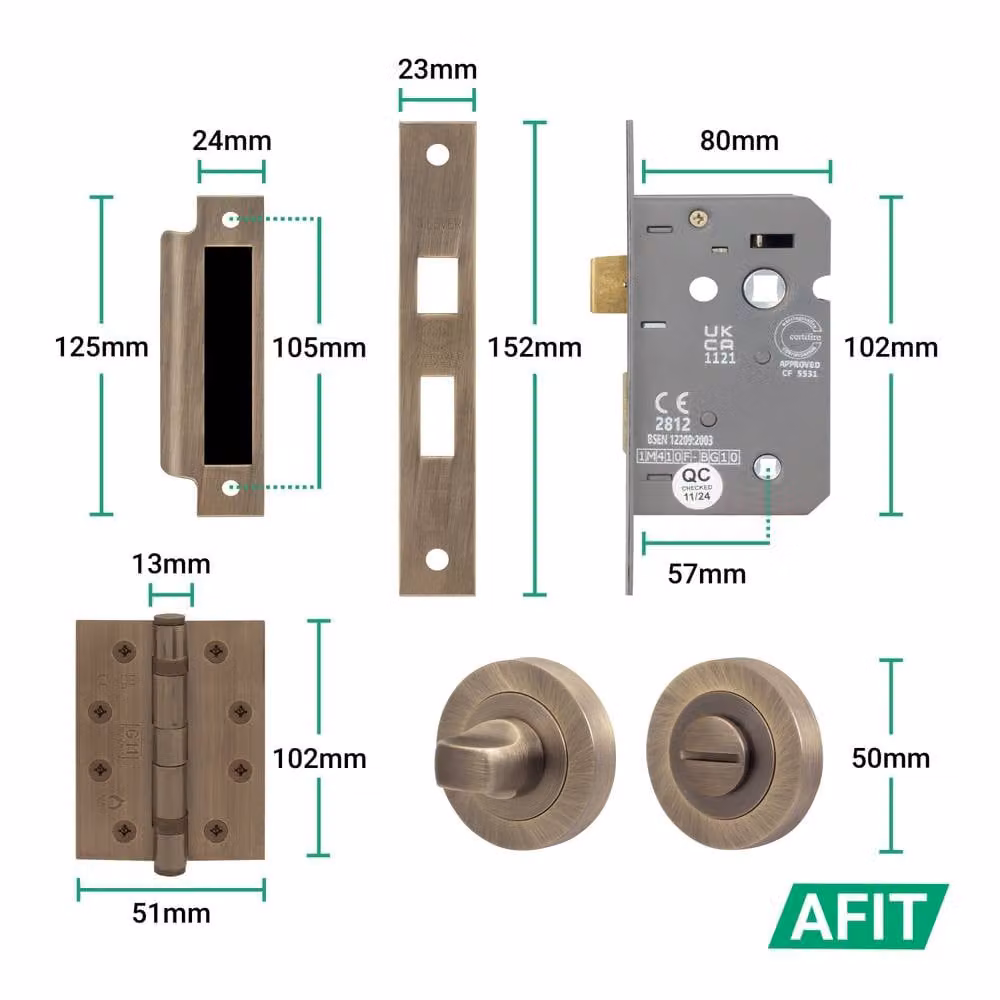 AFIT Antique Brass Fire Door Handle Bathroom Set in Bronze with 80mm Lock and 102mm Hinges, W/D/H: 15 x 15 cm – 4