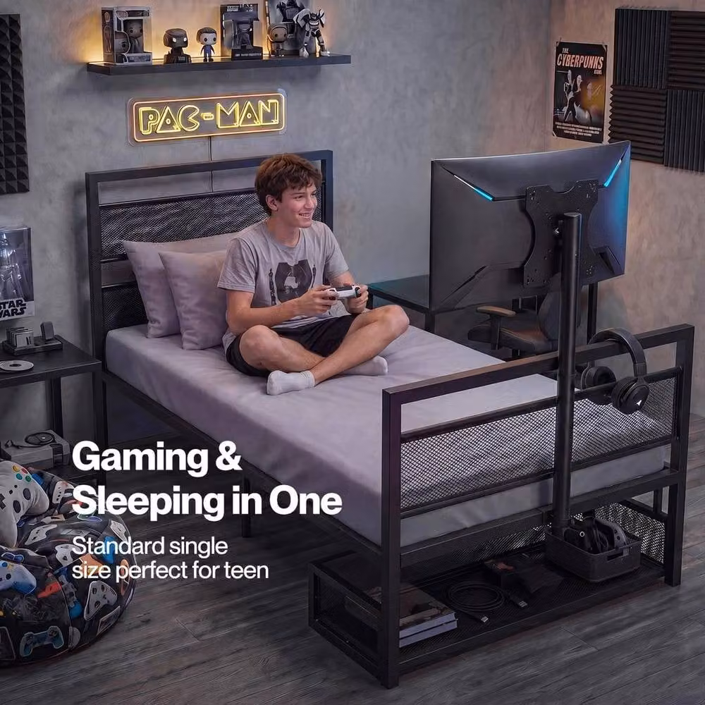 FORGEVIO Black Metal Single Gaming Bed Frame with USB Charging Port and Side Compartments, W/D: 60 x 120 cm – 4