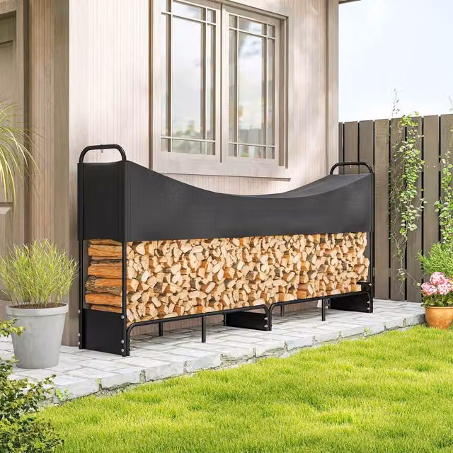 Outsunny 8.5ft Metal Firewood Rack Log Storage Holder with Cover, Black