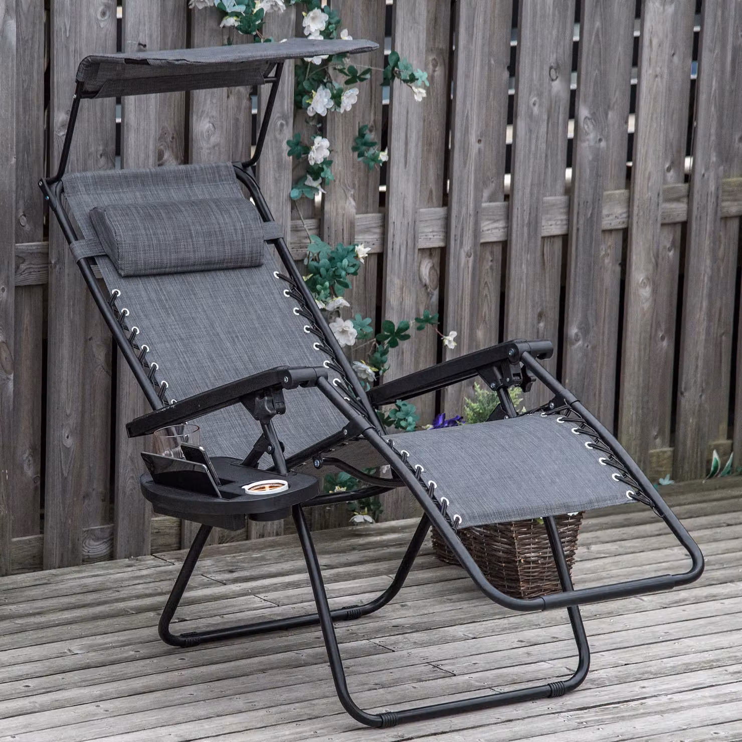 Outsunny Zero Gravity Garden Deck Folding Chair Sun Lounger with Canopy, Cup Holder and Adjustable Headrest, Grey – 2