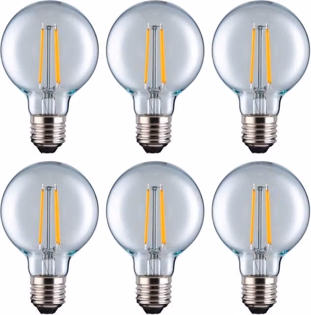 Eurolec G95 Globe E27 LED Straight Filament Dimmable Light Bulb Pack of 6 in Transparent Warm White