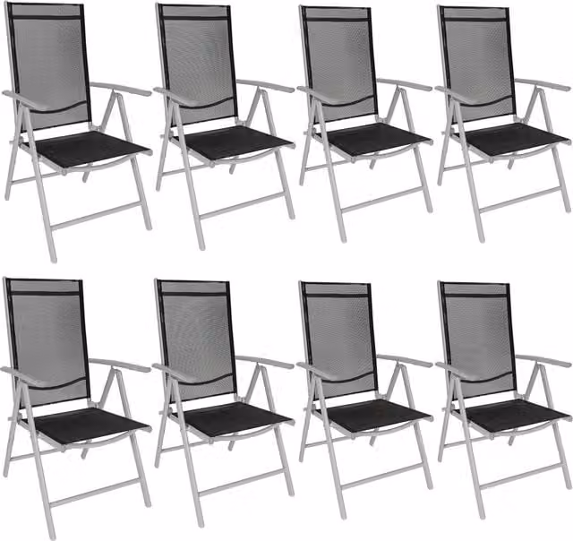tectake Set of 8 Modern Folding Metal Garden Chairs in Black and Silver